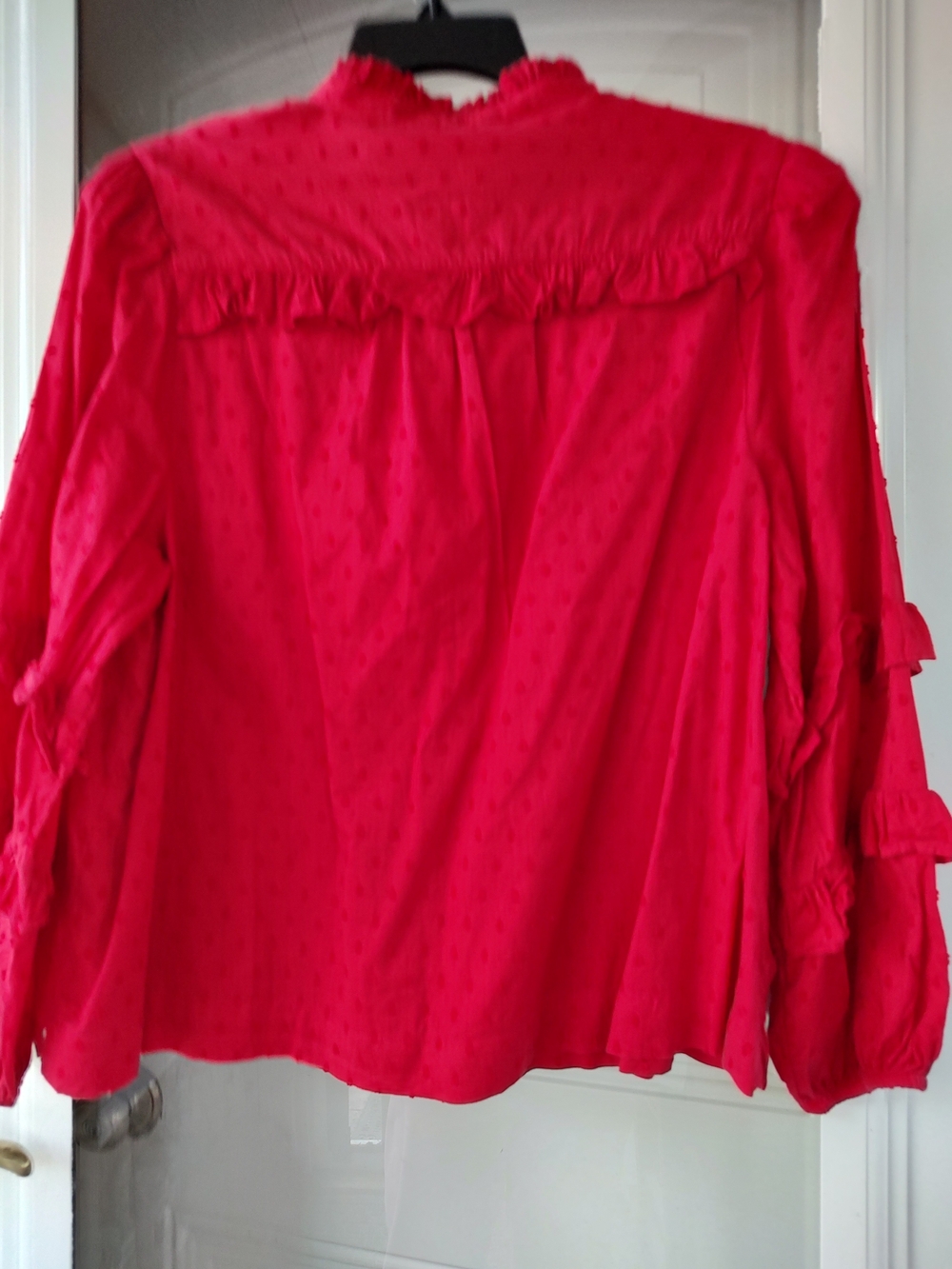 Women’s Red Ruffle Button-Front Blouse - Picture 2 of 7